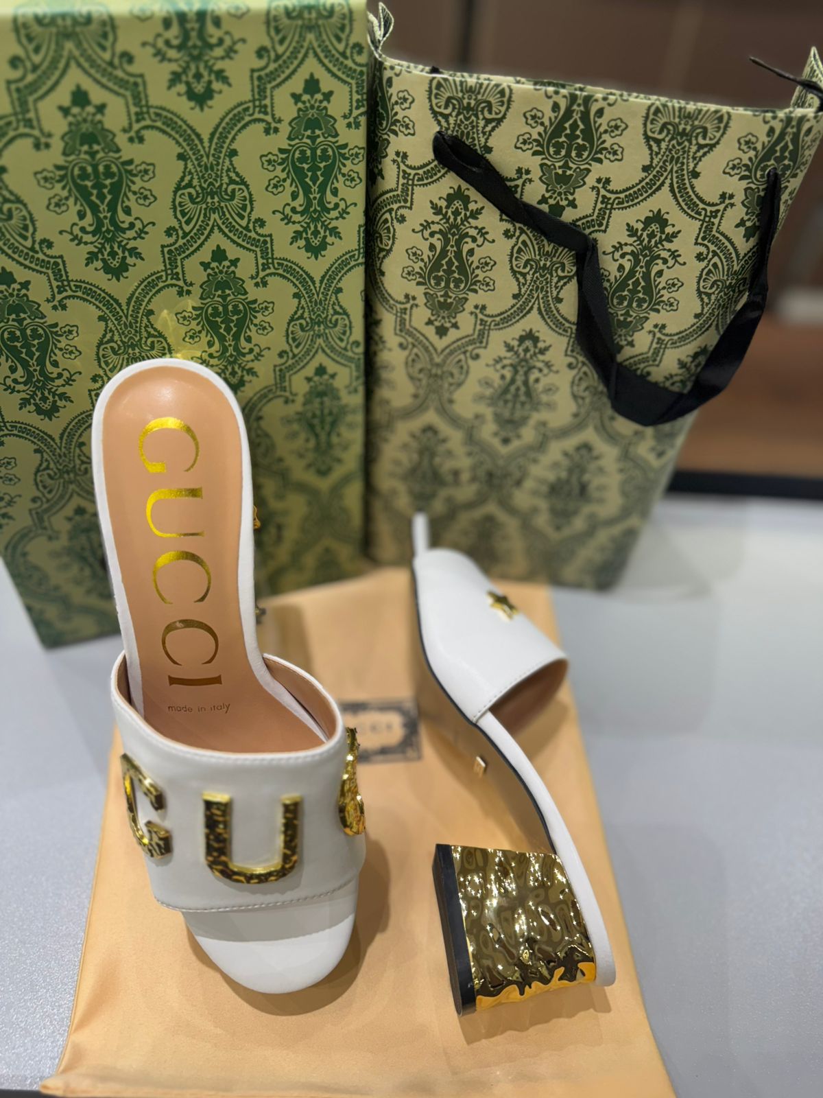 Gg Heeled Sandals with Gold-Tone Logo Detailing