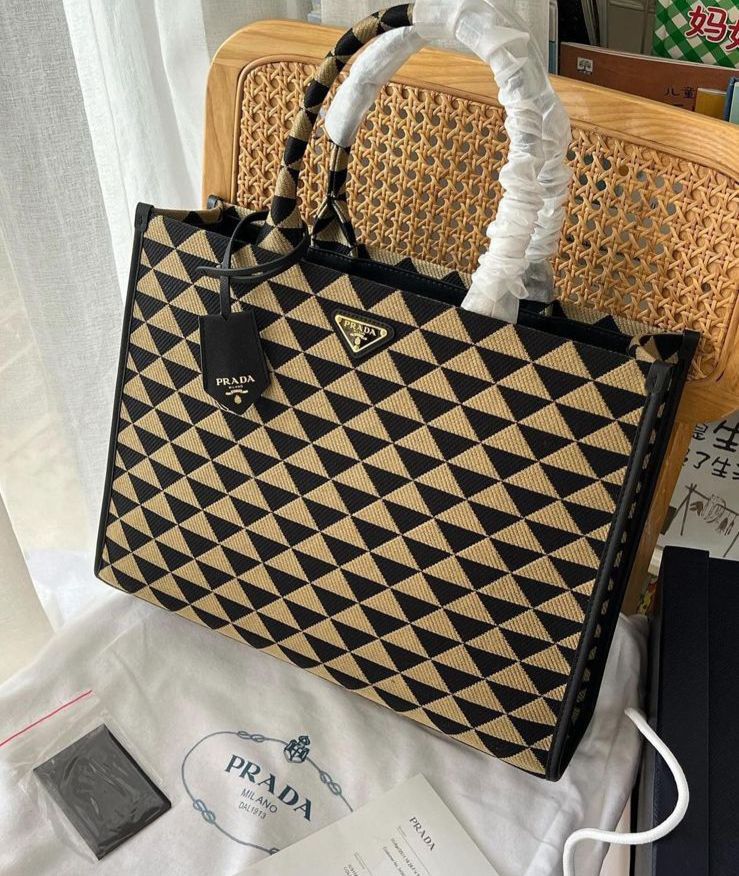 Prada Large Symbole Embroidered Fabric Handbag
