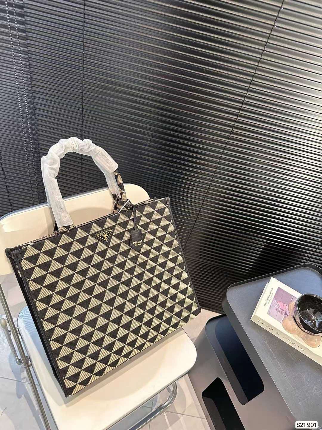 Prada Large Symbole Embroidered Fabric Handbag