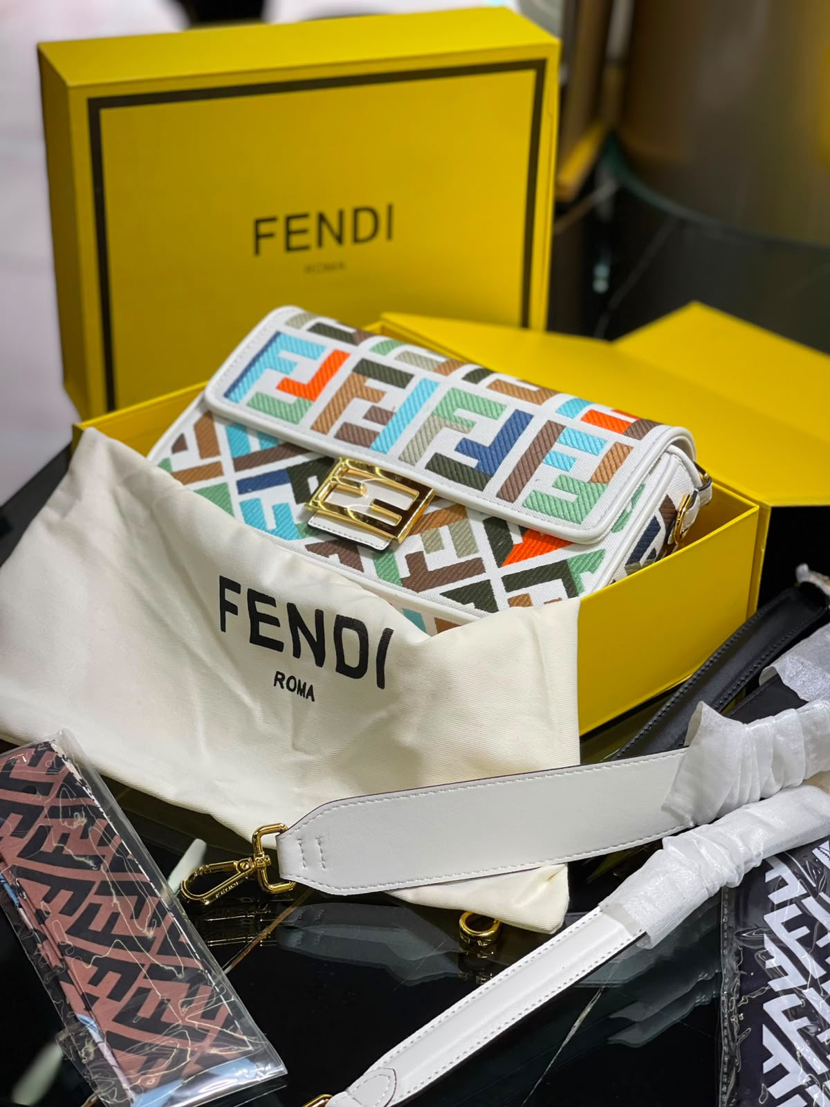 Fendi  Baguette  Canvas bag with multicolor FF embroidery