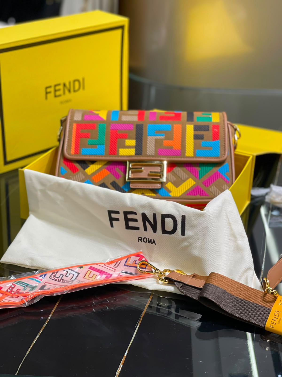 Fendi  Baguette  Canvas bag with multicolor FF embroidery